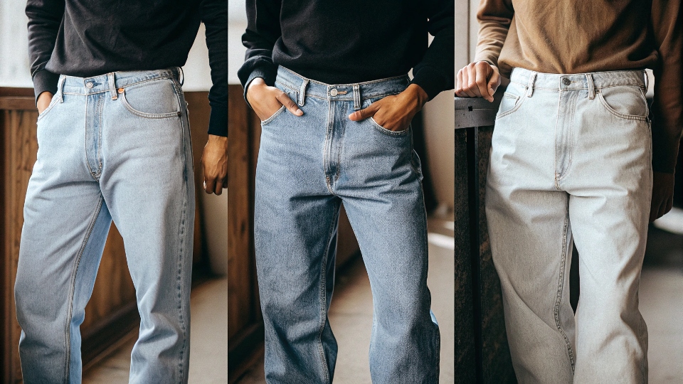 A lineup of three male models side-by-side, each wearing a different key jean style for 2024: straight, relaxed, and baggy.
