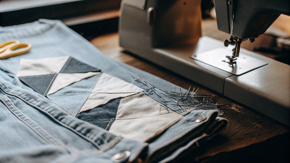 A workspace showing jeans with the inseam split, pre-cut triangular panels, pins, and a sewing machine with a denim needle.