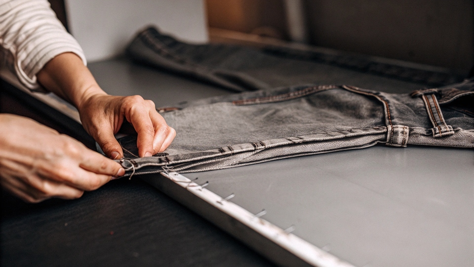 A close-up shot of a person pinning the inseam of a pair of inside-out jeans to create a skinny fit.
