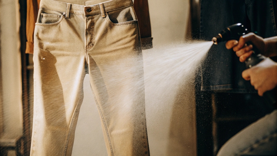 A pair of jeans being sprayed with a [diluted bleach](https://www.clorox.com/learn/how-to-bleach-jeans-lighter/)[^4] solution to create a fade.