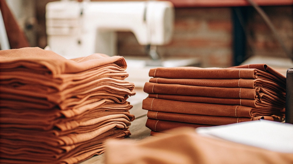 A pile of folded jeans next to organized stacks of freshly cut denim squares, illustrating the material needed.
