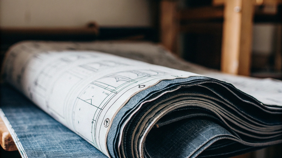 A large roll of denim fabric with sewing patterns laid out on top.