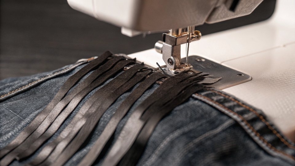 A close-up of a sewing machine stitching a strip of black leather fringe onto the yoke of a denim jacket.