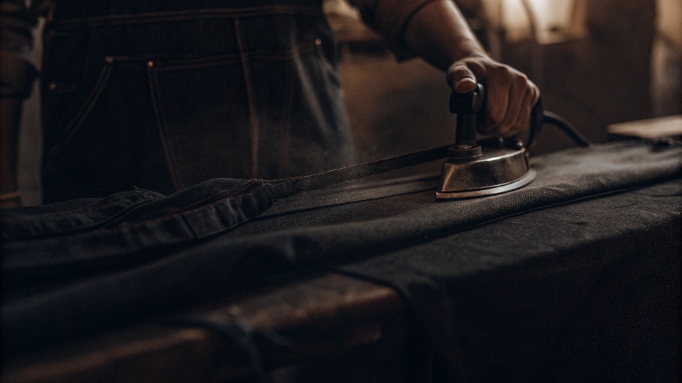 A demonstration of applying fusible bonding tape to the inside of a jean leg with an iron.