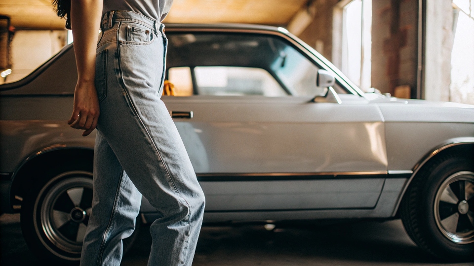 A stylish person wearing a pair of intentionally baggy Levi's SilverTab jeans, showcasing a loose 90s-inspired look.