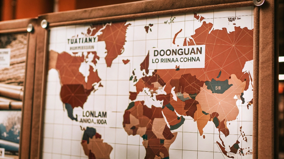 Global Denim Famous Cities A world map with pins on Dongguan, Los Angeles, and Kojima