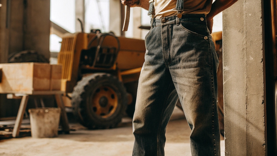 A vintage-style photo of a construction worker confidently wearing a classic pair of riveted Levi's jeans.