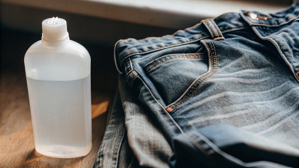 A simple, clear bottle of standard household chlorine bleach next to a pair of jeans.