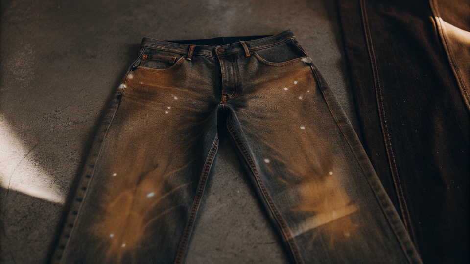 A pair of jeans laid out with subtle bleach spots and artistic paint splatters.
