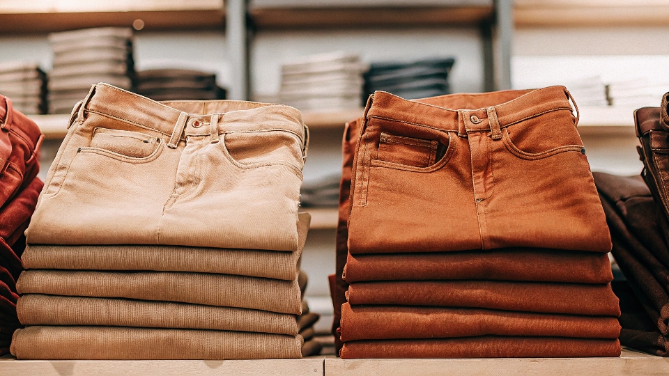 A neat stack of various styles of Full Blue jeans on a retail store shelf.