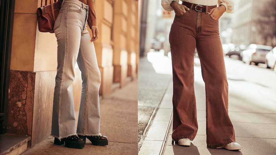 A street style photo comparing a person in classic skinny jeans with another person in trendy, wide-leg jeans.