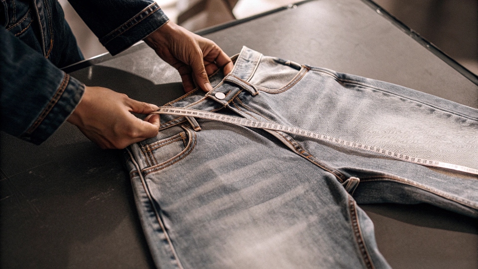 A person using a measuring tape to check the waist size of a pair of blue jeans laid flat.