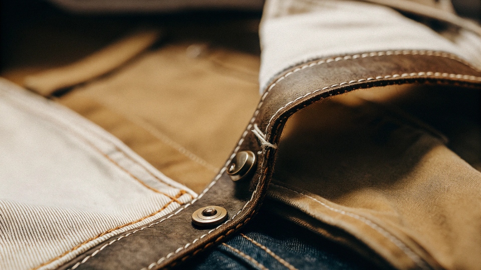 A close-up macro shot of the durable chain-stitching on the hem of a pair of high-quality jeans.