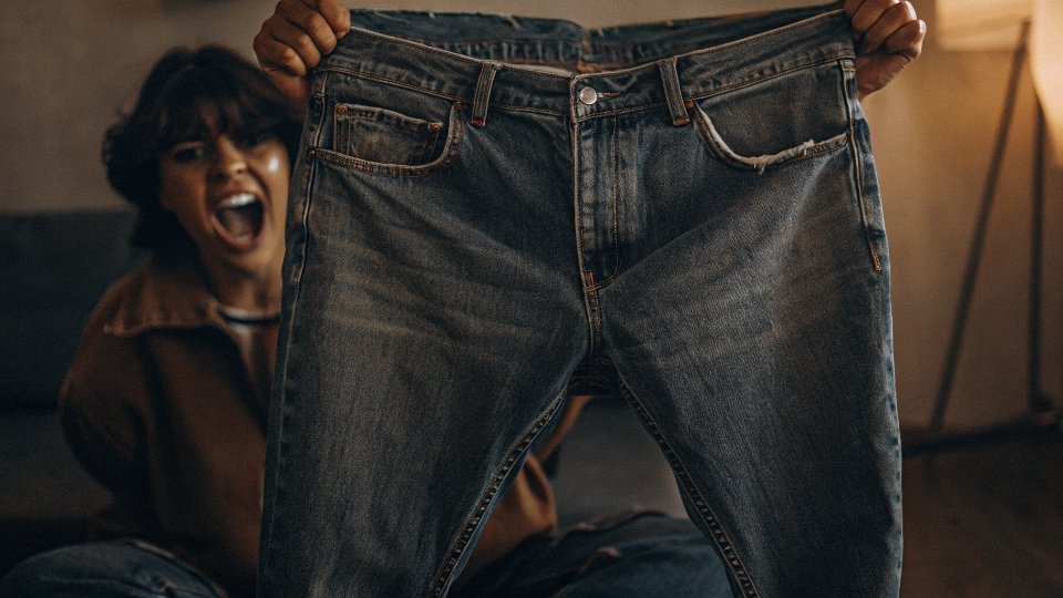 A person holding up a pair of Levi's jeans, looking with frustration at a familiar-looking tear in the crotch area.