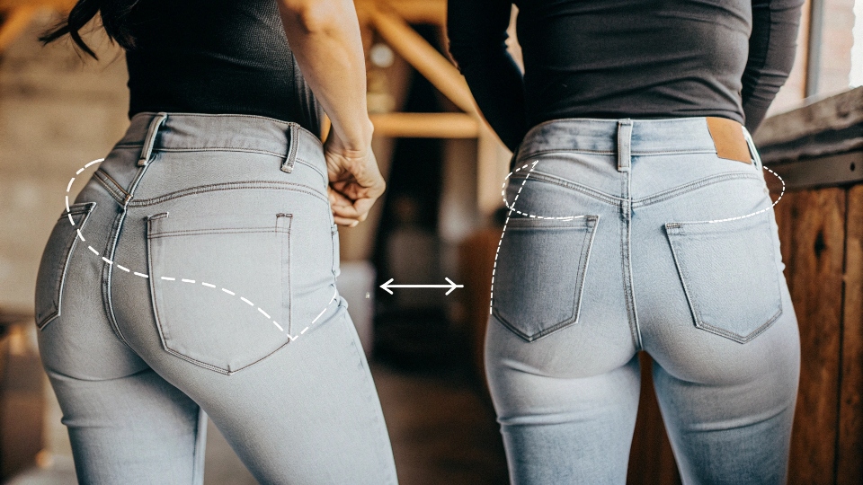 A design diagram showing the specific construction of butt-lifting jeans, highlighting the yoke and seams.
