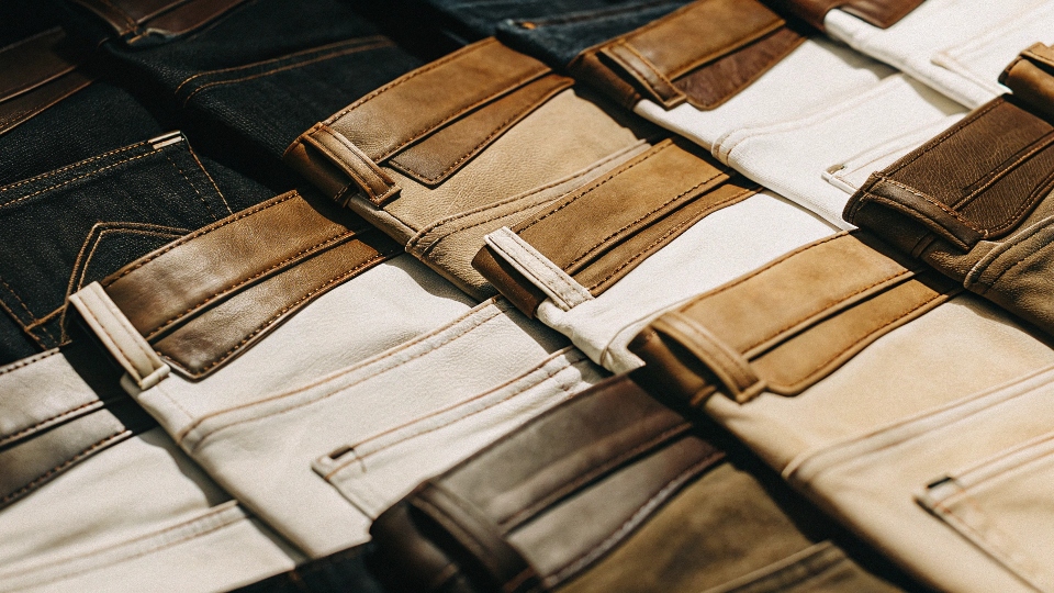 A collage of iconic leather back patches from different jeans brands, showing their famous style numbers like 501, 101, etc.