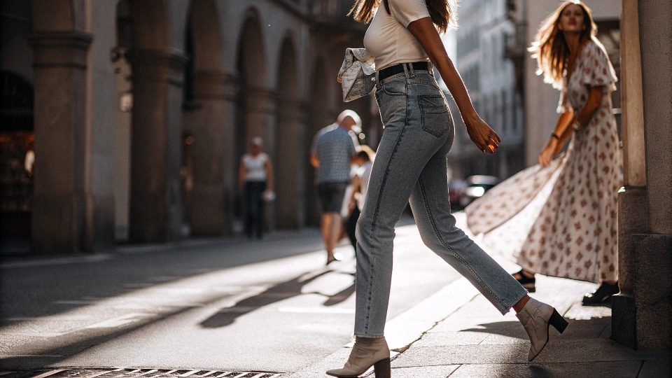 A woman confidently walking through a city street in well-fitting jeans, contrasted with another woman carefully holding down her dress in the wind.