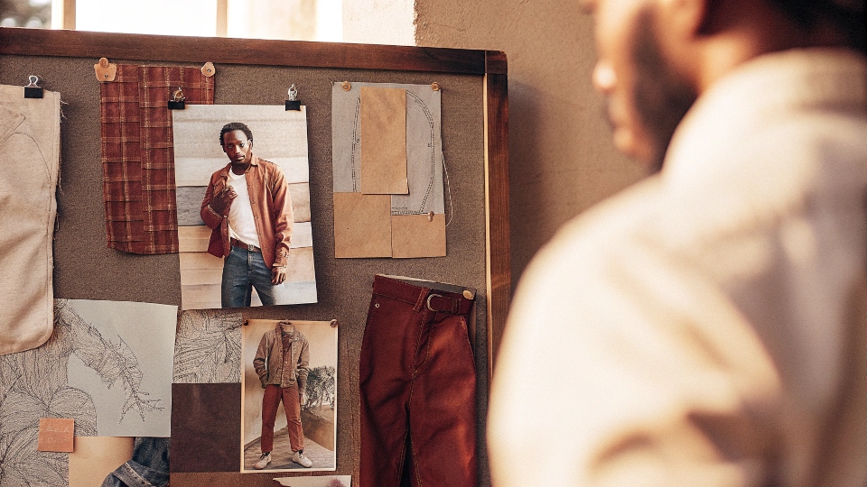 A stylist's mood board showing scraps of denim, sketches, and photos of Kendrick Lamar for inspiration.
