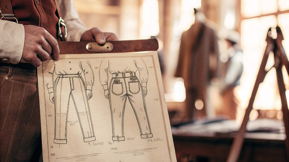 A vintage patent drawing of Levi Strauss's original riveted jeans from 1873.
