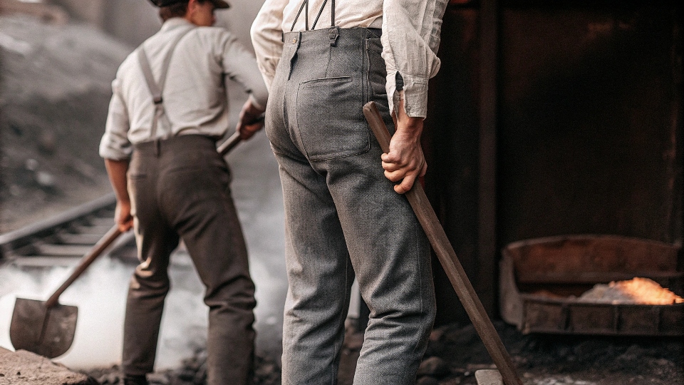 A vintage-style photograph depicting 19th-century miners wearing early riveted denim work pants.