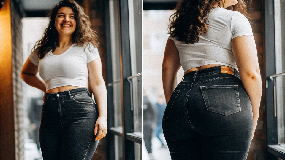 A woman with curves smiling confidently, wearing well-fitting high-waisted dark wash jeans.