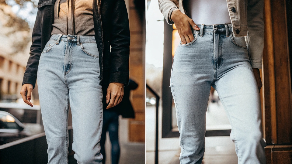 An illustration comparing how low-rise and high-rise jeans affect the visual proportions of a person's torso and legs.