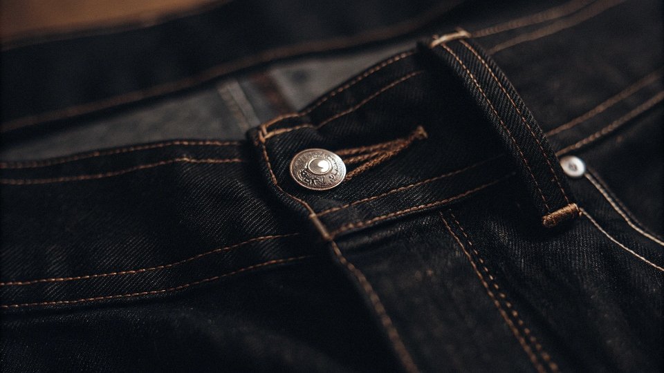 A close-up shot of a luxury jean, highlighting hand-stitched details and a silver-plated button.