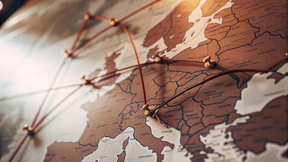 A map of Europe highlighting Germany and then showing supply lines to factories in Eastern Europe.