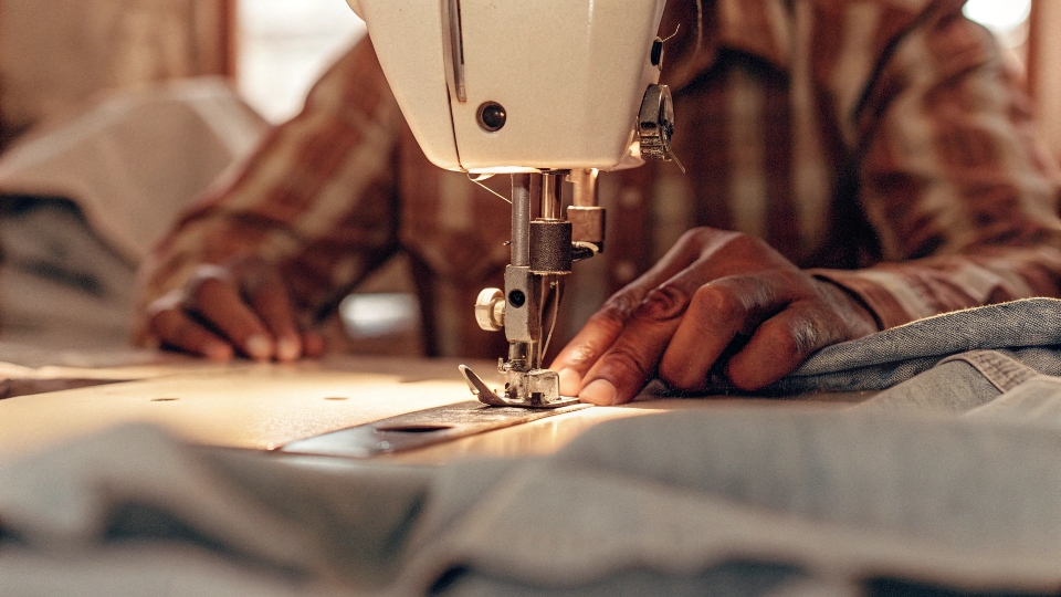 A sewer carefully guides multiple layers of denim under a sewing machine needle.
