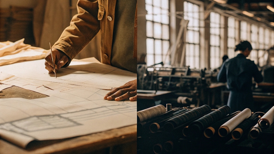 A photo collage showing a designer sketching in a Los Angeles studio on one side, and a modern, clean denim factory in China on the other.