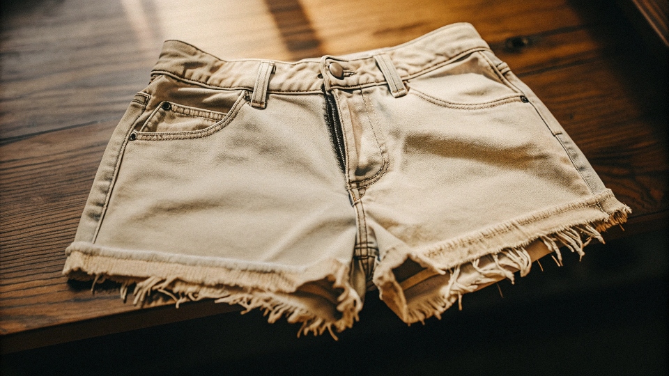 A pair of stylish, perfectly cut and frayed jean shorts lying flat on a wooden surface.