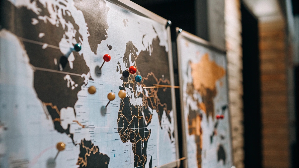 a world map with pins highlighting major jeans manufacturing countries