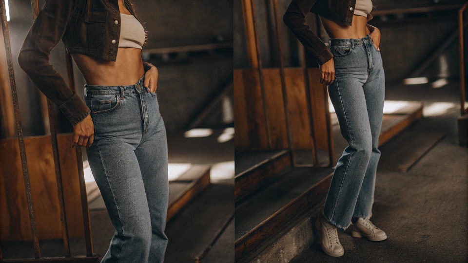 A side-by-side style comparison of a person in classic high-rise jeans versus trendy low-rise jeans.