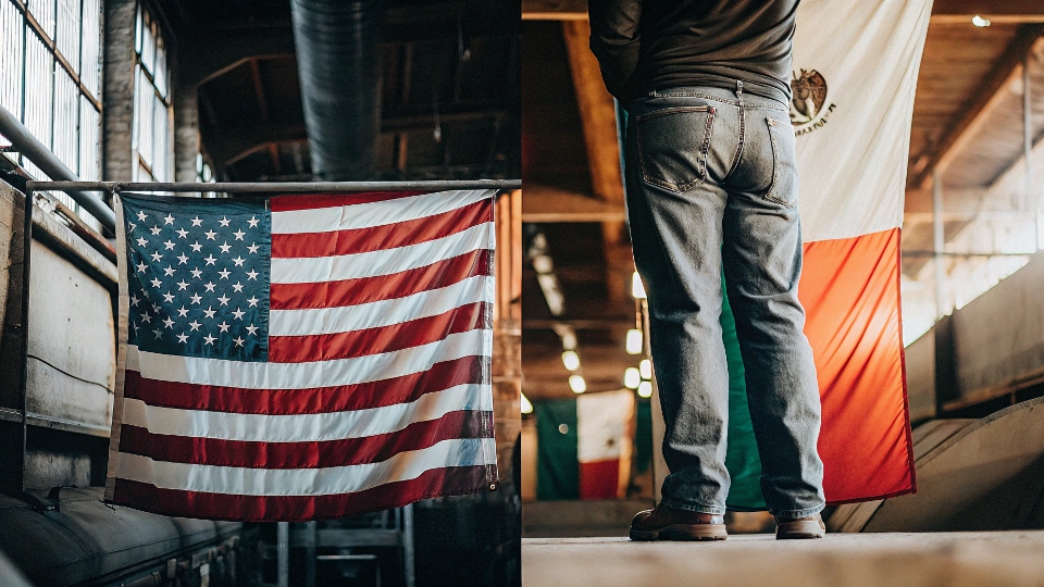 A split image with the American flag on one side and the Mexican flag on the other, with a pair of work jeans in the middle.