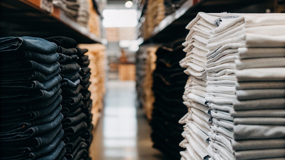 A bright, well-stocked Costco aisle filled with neatly stacked piles of the latest Kirkland Signature jeans.