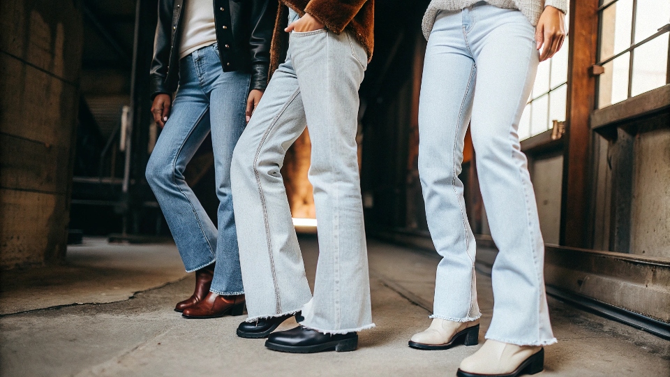 A comparison image showing three different fits of stacked jeans: skinny, straight, and flare, all exhibiting the stacking effect at the ankle.