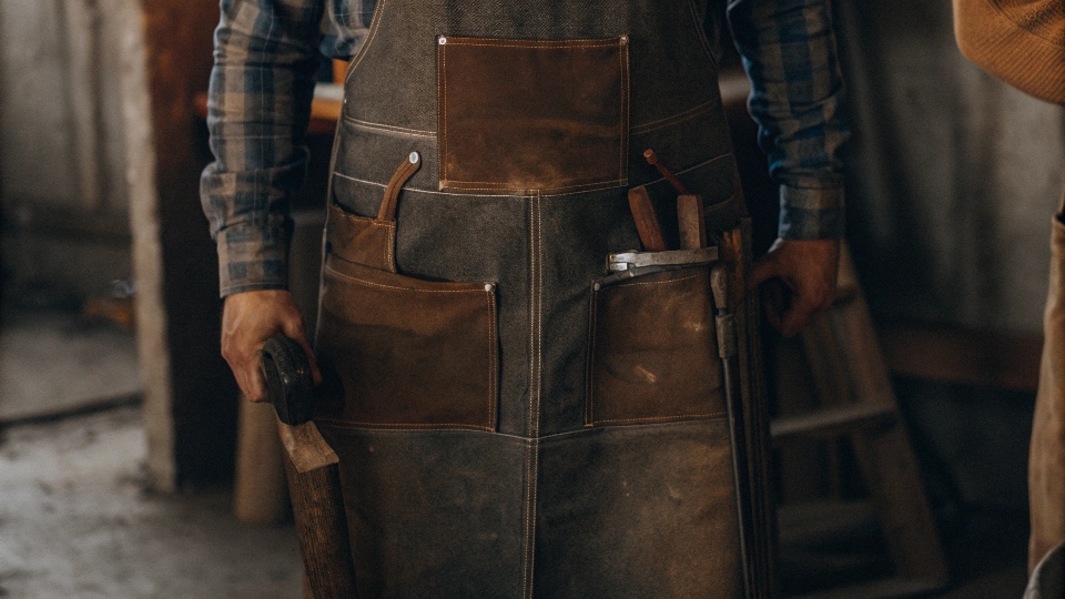 A rugged and practical work apron made from the legs of an old pair of jeans.
