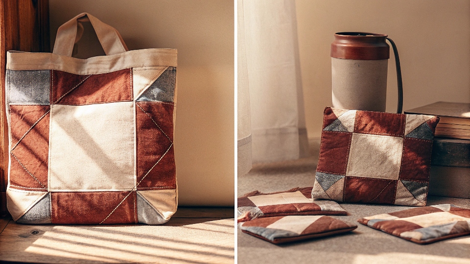 A collection of creative items made from upcycled denim, such as a tote bag, a pillow, and coasters.