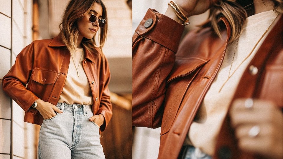 An oversized jean ensemble with a fitted top and rolled-up hems, accessorized for flair.