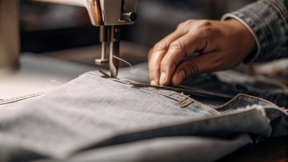 A detailed view of someone using tweezers to pull blue threads out from between horizontal slits on their jeans.