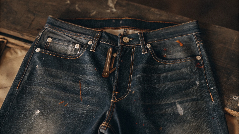 A pair of Purple Brand jeans laid out, showcasing their distinctive details like heavy distressing, paint splatters, and unique hardware.