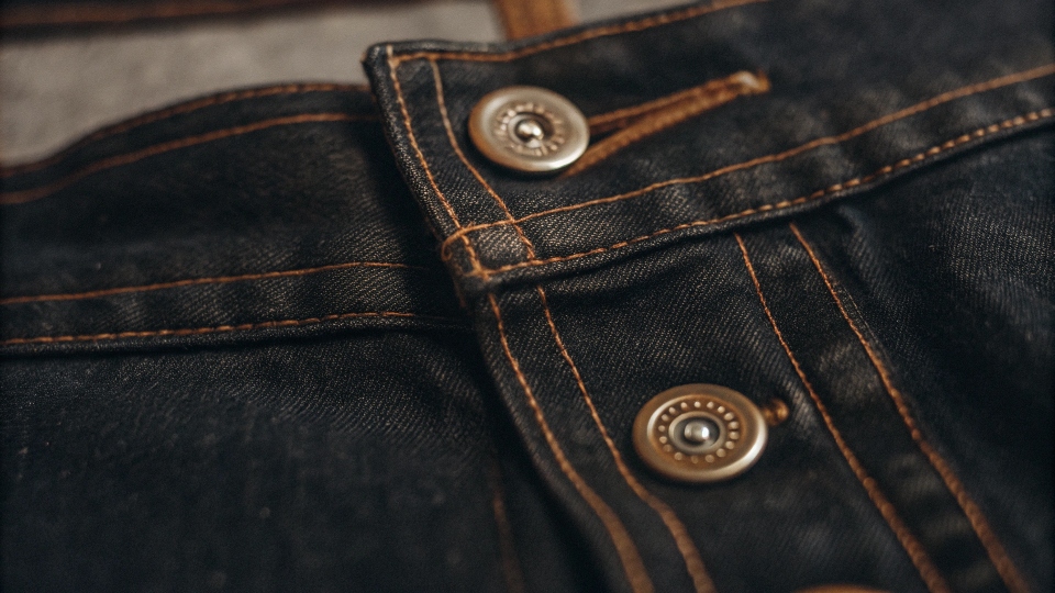 A close-up shot of the custom-branded button and rivets on a pair of Purple Brand jeans.