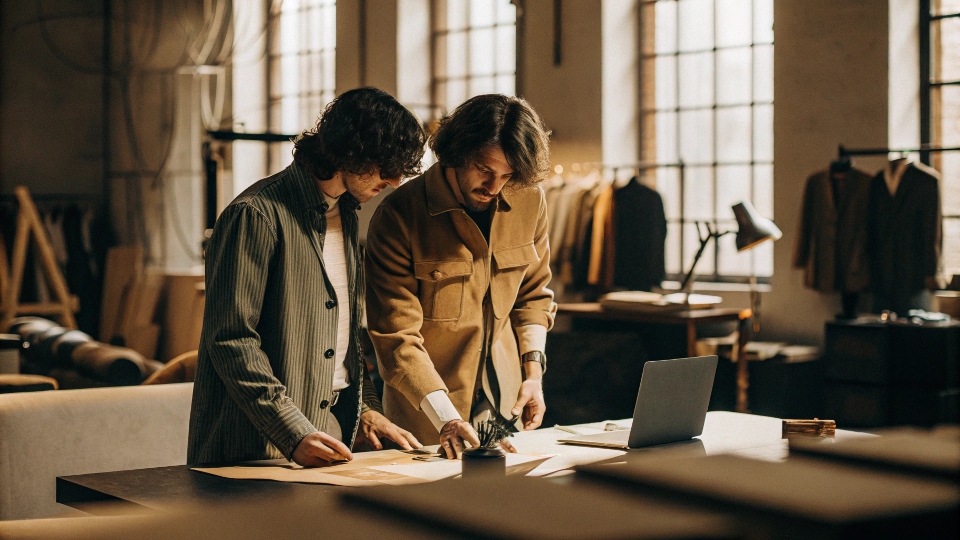 A stylish but anonymous shot of two designers collaborating in a modern studio environment.