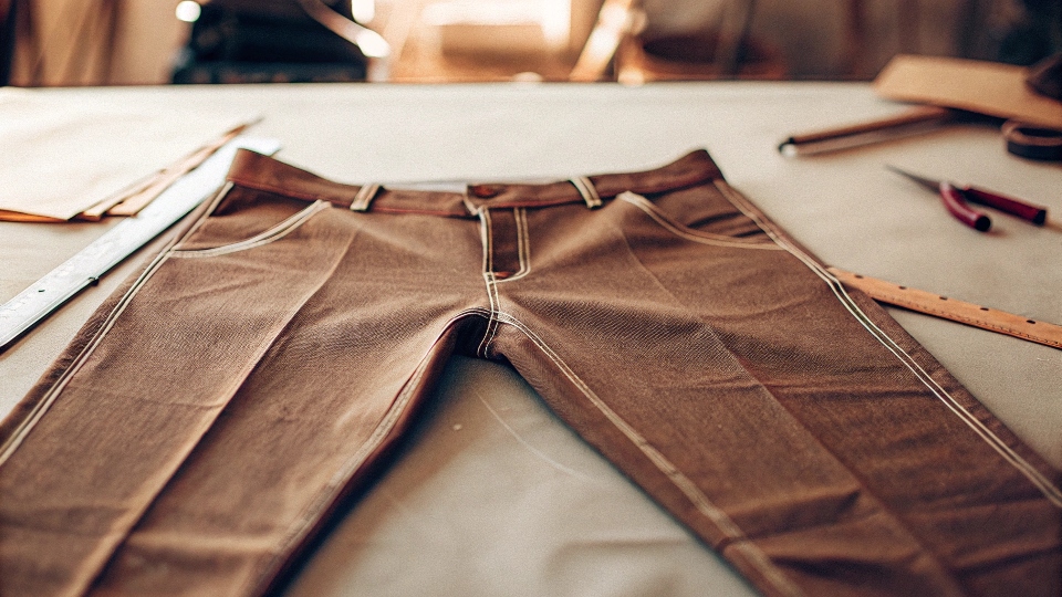 Jeans laid out flat on a table with a ruler and chalk line drawn across the legs, ready for cutting.