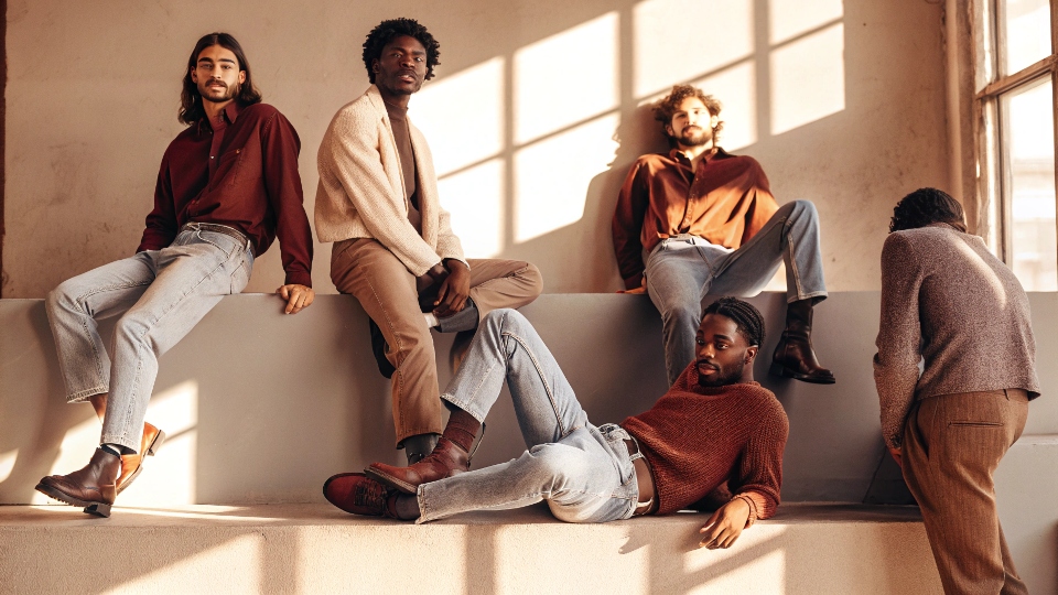 A group of diverse men with different builds all looking comfortable and stylish in well-fitting relaxed jeans.