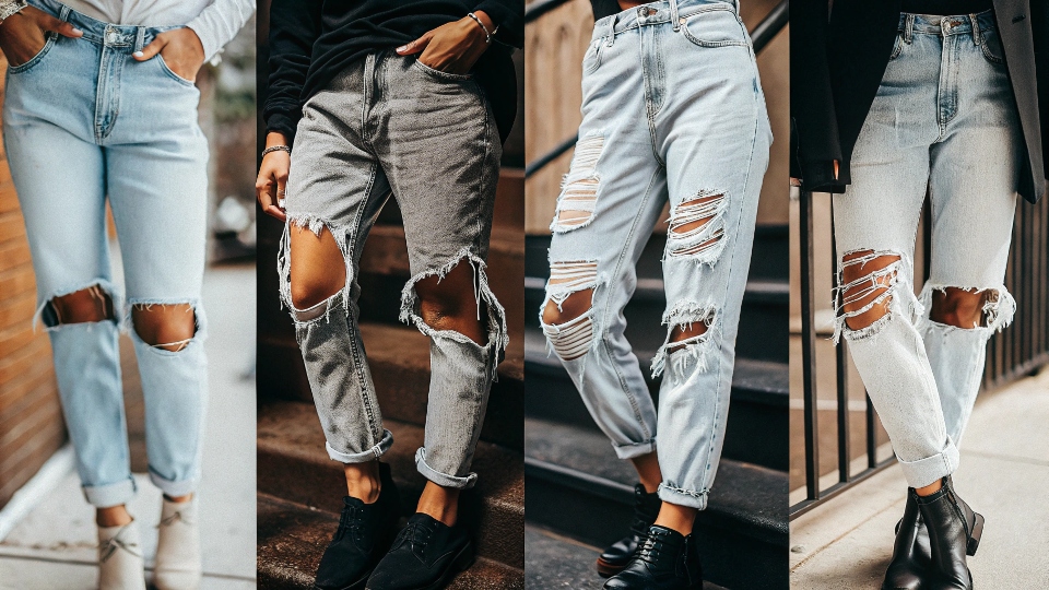 A collage of different ripped jeans styles showing their versatility and edge.