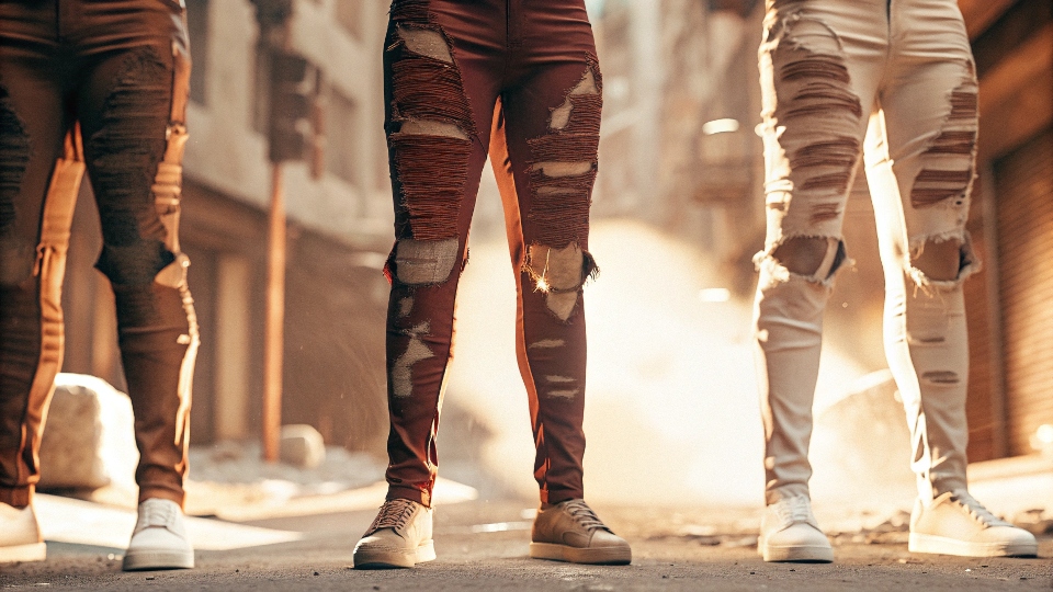 A futuristic concept sketch of ripped jeans styles in a dynamic fashion setting.