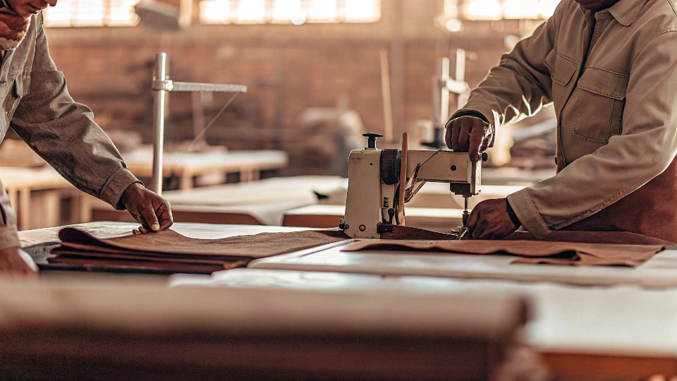 A workshop scene showing artisans cutting and sewing high-end selvedge denim in a US-based factory.