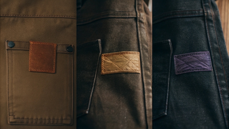 A collage of different jean brand patches, including a Levi's red tab, an Amiri logo, and a Purple Brand tag.