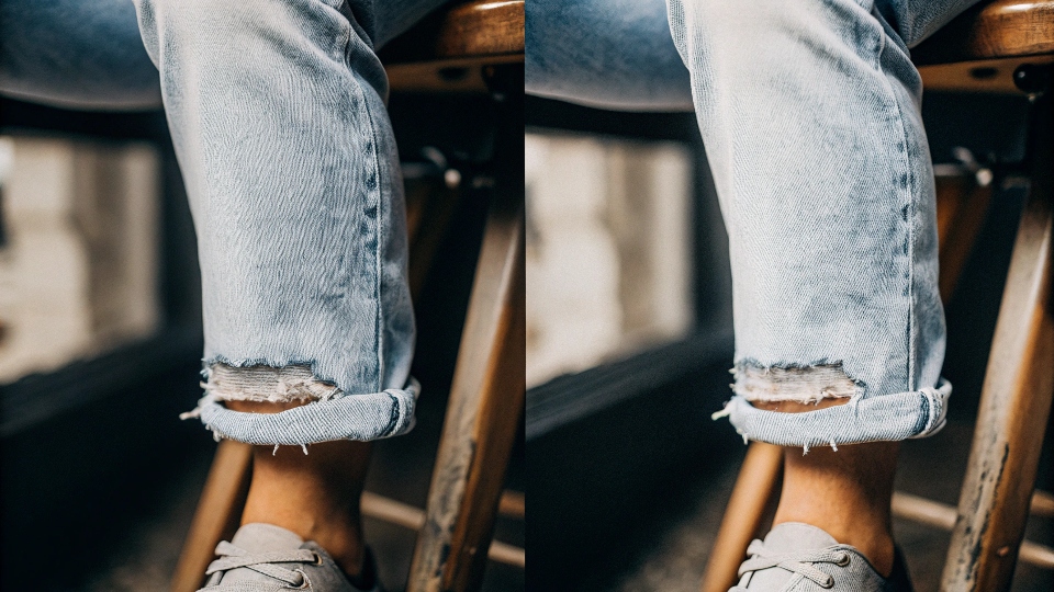 A close-up comparison of a professionally reattached original hem versus a standard new hem.